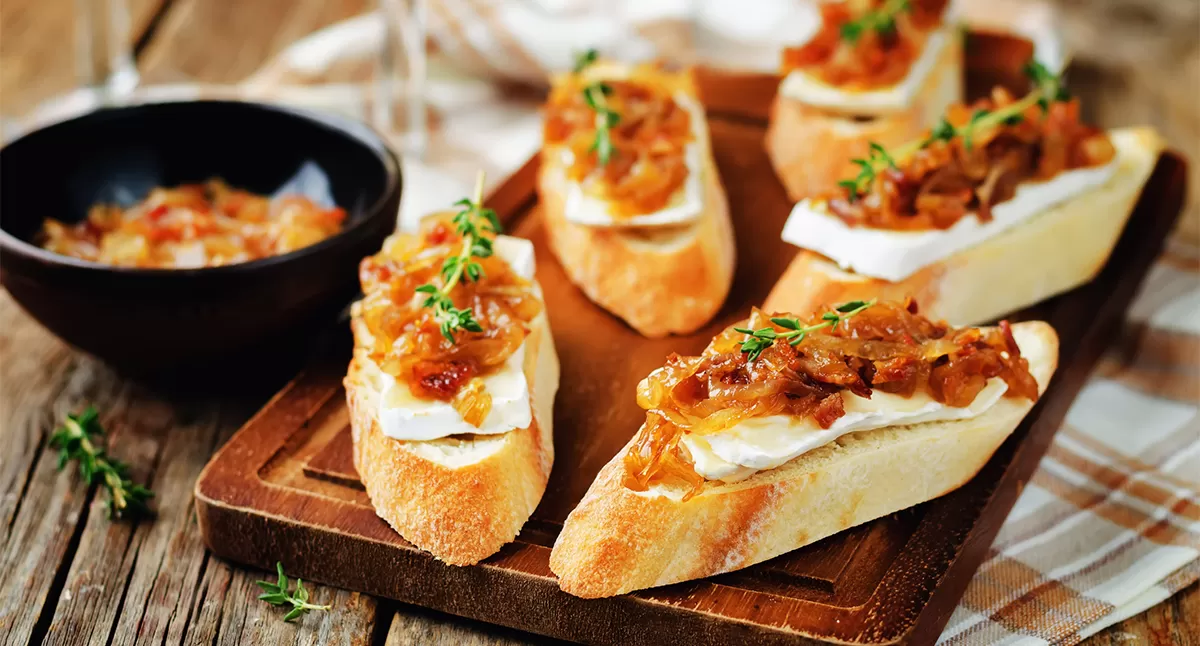 Bacon and Caramelized Onion Jam Crostini with Whole Grain Mustard