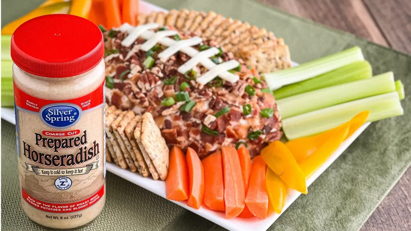 Football Shaped Cheeseball with Silver Spring Prepared Horseradish