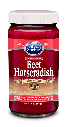 Silver Spring Traditional Beet Horseradish in a glass jar with a white lid.