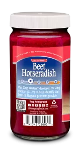 Side image of a Silver Spring Beet Horseradish bottle showing the Zing Factor heat scale
